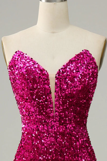 Hot Pink Sequin Mermaid Prom Dress with Sweetheart Neckline and High Slit – Glamorous Formal Evening Gown