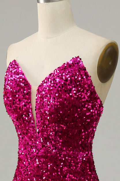 Hot Pink Sequin Mermaid Prom Dress with Sweetheart Neckline and High Slit – Glamorous Formal Evening Gown