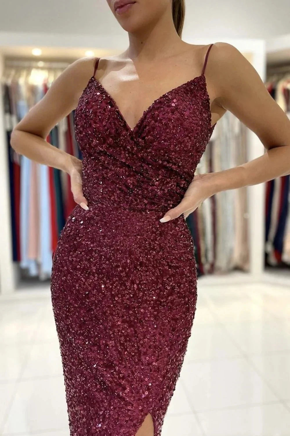 Mermaid V Neck Burgundy Sequins Long Prom Dress with High Slit Sexy Formal Dress Maroon Evening Dresses simple gentle atmospheric and unique desi Bring summer colors to enhance whiteness by YiHuiw