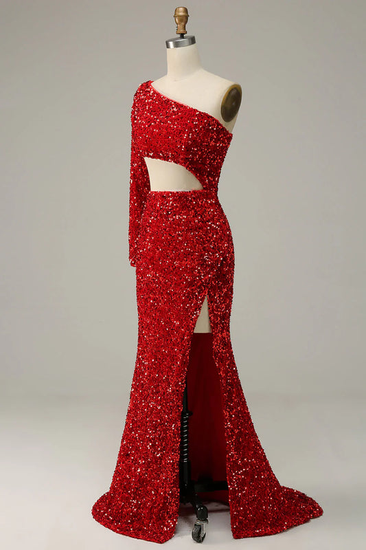 One-Shoulder Sequin Mermaid Evening Dress with Long Sleeve, Cutout Waist, and High Slit