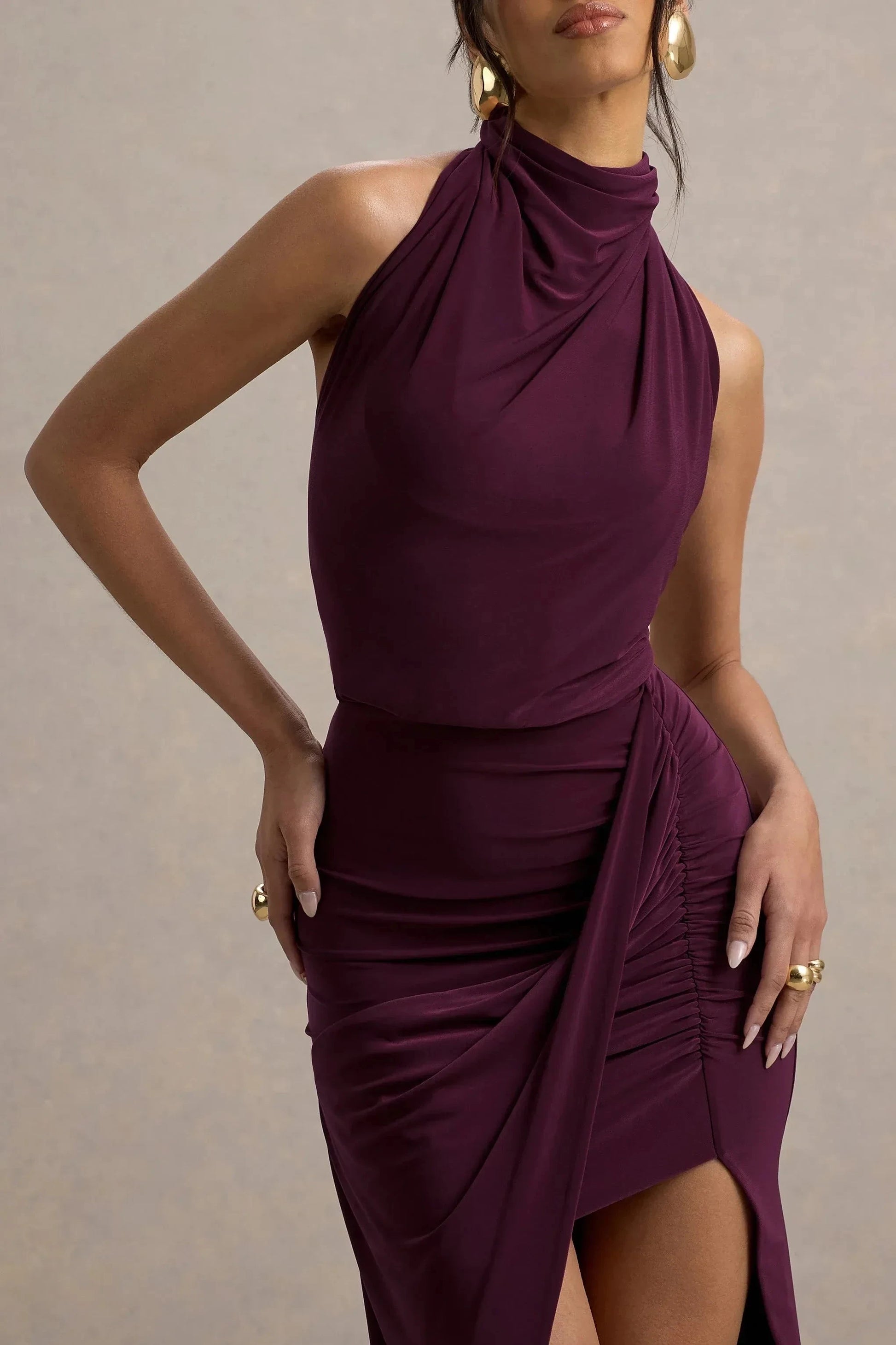 Mesmerizing Mermaid High Neck Sleeveless Ruched High Slit Floor Length Prom Dress by YiHuiw