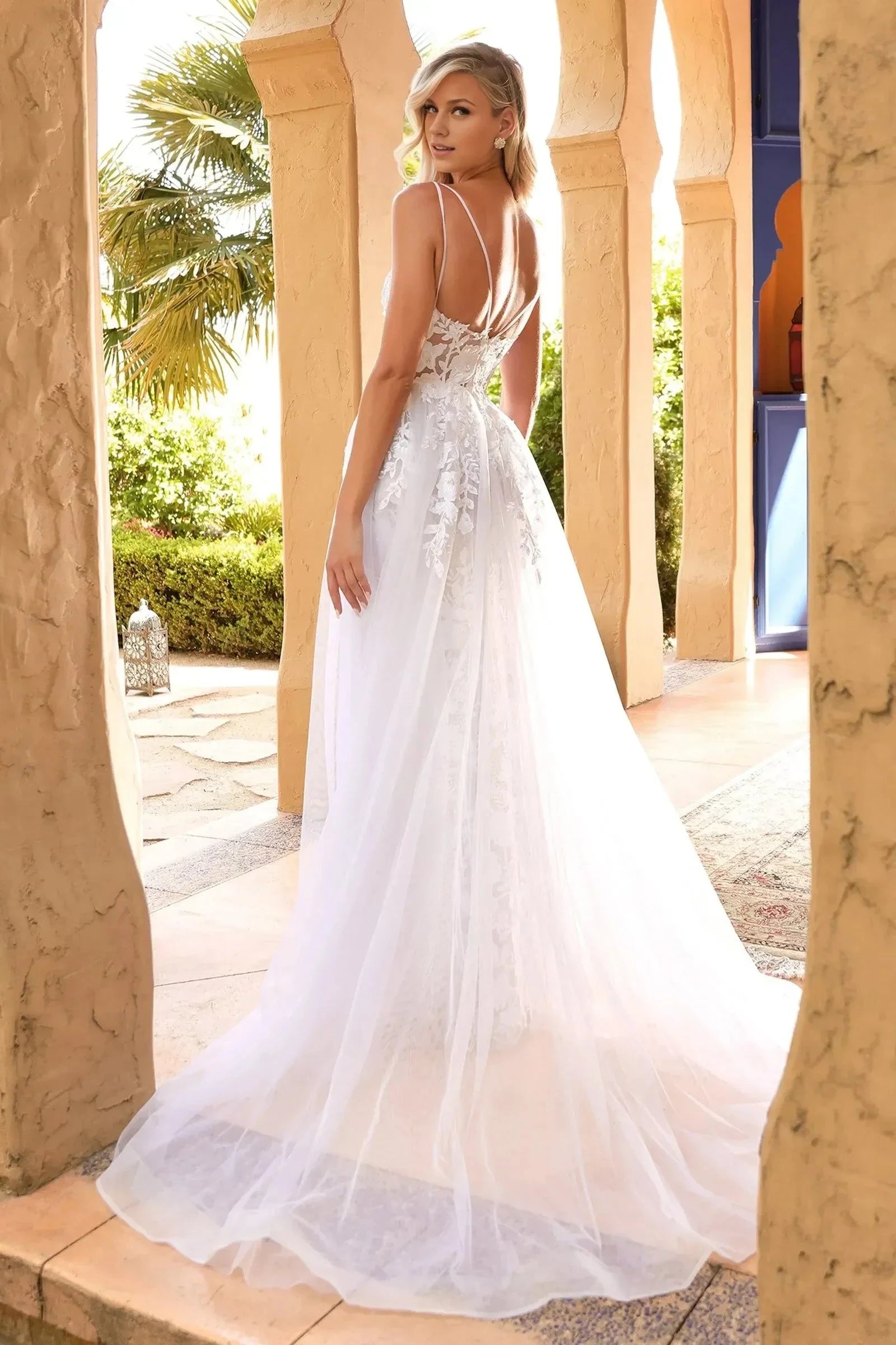 Mesmerizing Trumpet Plunging V Neck Sleeveless Open Back Floor Length Wedding Dress by YiHuiw