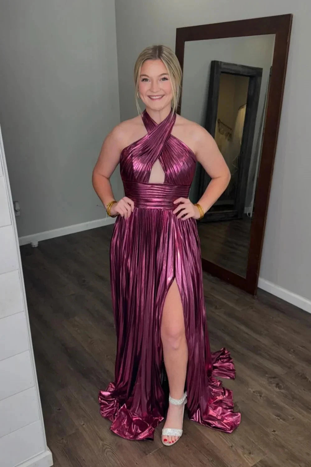 Metallic Halter Prom Dress with Twist Front, Cutout Detail, Pleated Skirt & High Front Slit by JiMiss Dresses