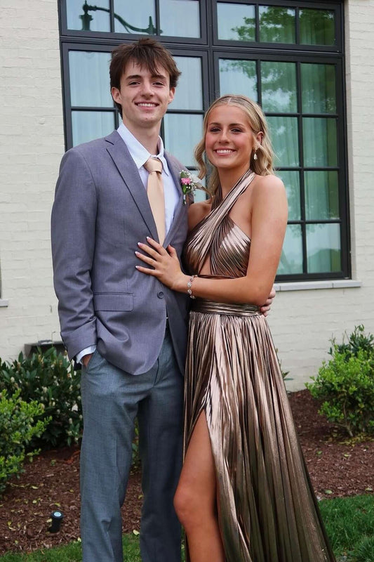 Metallic Halter Prom Dress with Twist Front, Cutout Detail, Pleated Skirt & High Front Slit by JiMiss Dresses