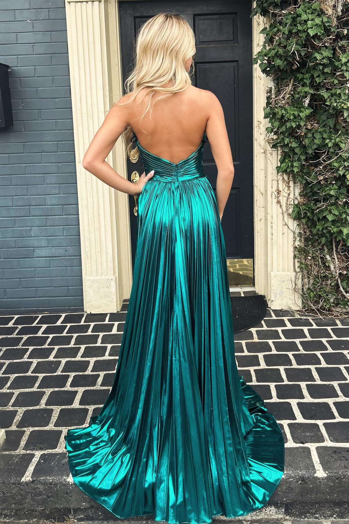 Metallic Halter Prom Dress with Twist Front, Cutout Detail, Pleated Skirt & High Front Slit by JiMiss Dresses