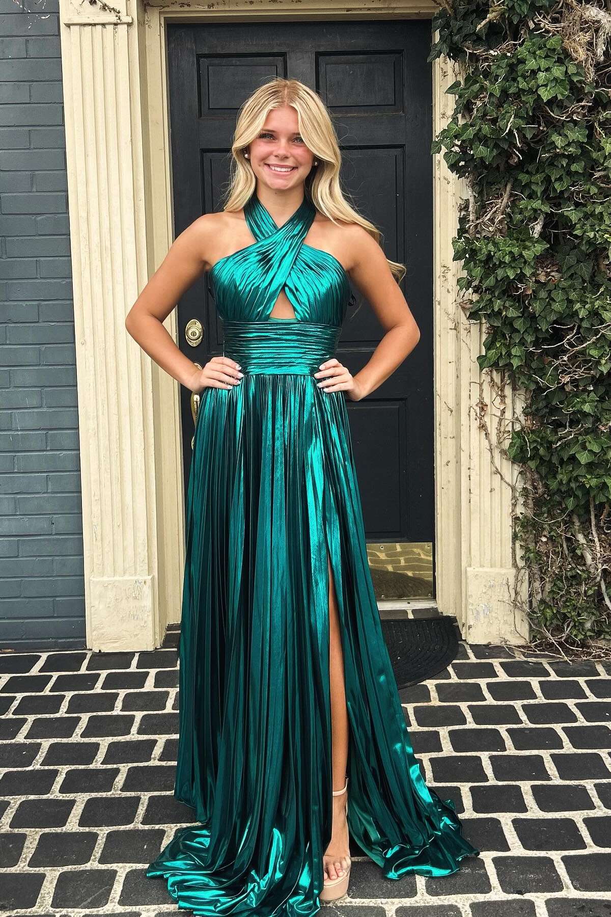Metallic Halter Prom Dress with Twist Front, Cutout Detail, Pleated Skirt & High Front Slit by JiMiss Dresses