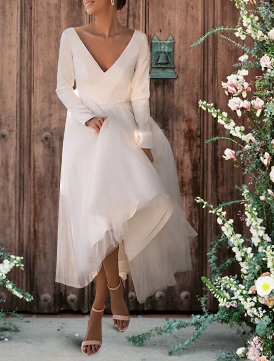A-Line Tulle Long Sleeve Midi Wedding Dress - Yihuiw by Yihuiw