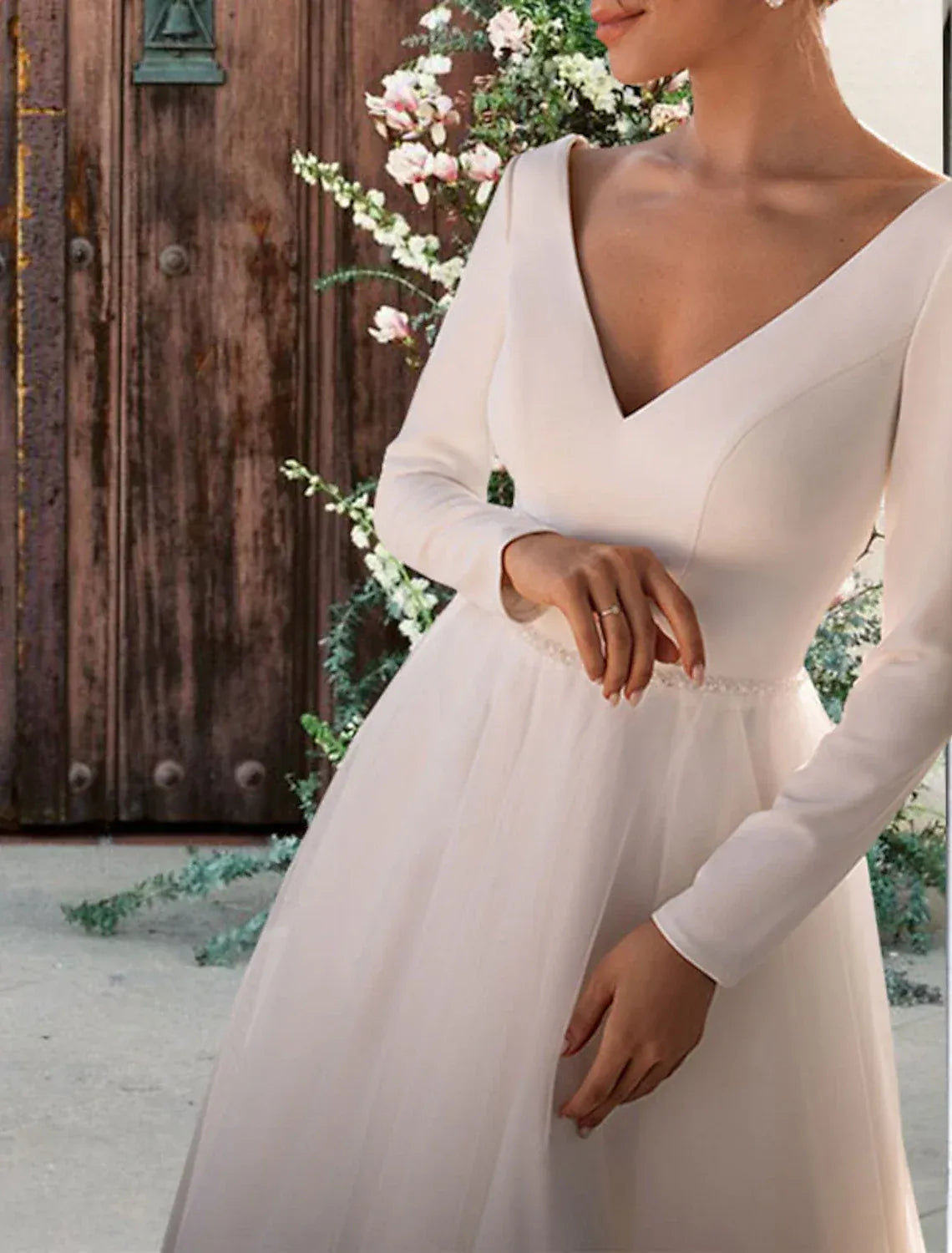 A-Line Tulle Long Sleeve Midi Wedding Dress - Yihuiw by Yihuiw