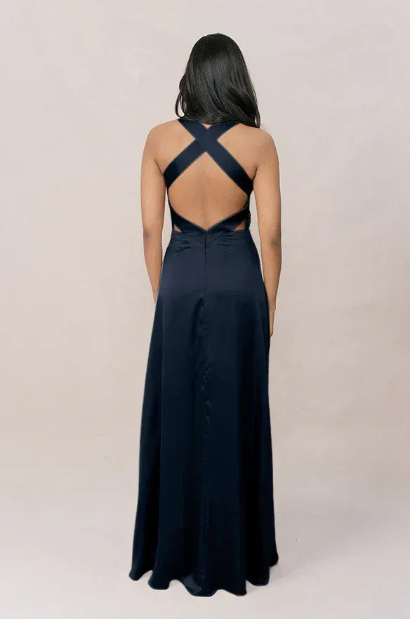 Blue Halter Satin Wedding Dress - Yihuiw by Yihuiw