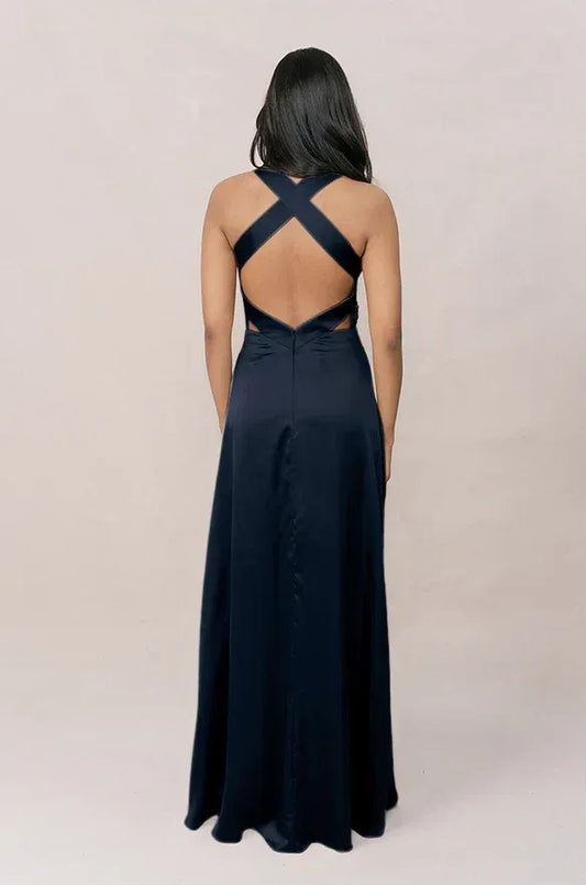 Blue Halter Satin Wedding Dress - Yihuiw by Yihuiw