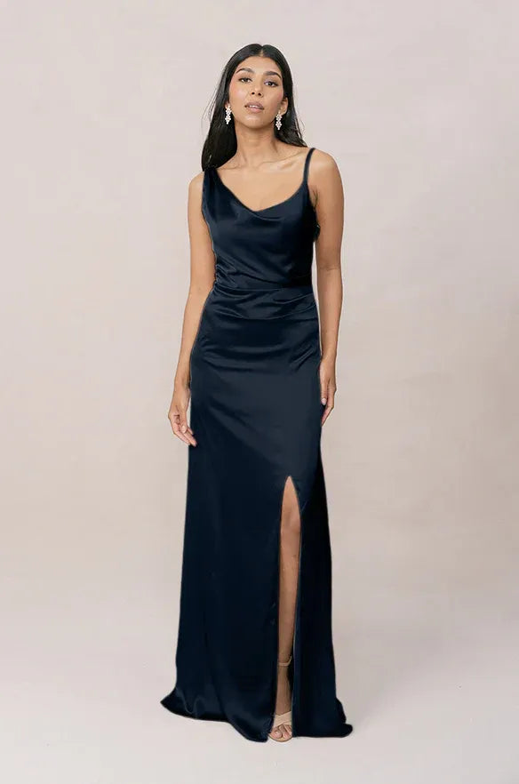 Navy Cowl Neck Satin High Slit Wedding Dress - Yihuiw by Yihuiw