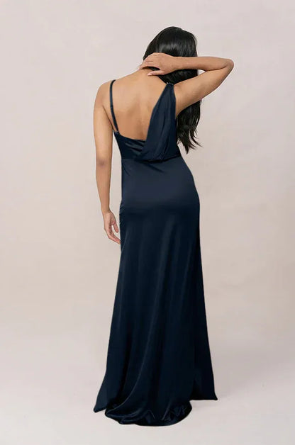 Navy Cowl Neck Satin High Slit Wedding Dress - Yihuiw by Yihuiw