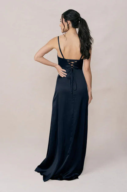 Navy Spaghetti Strap Satin High Slit Wedding Dress - Yihuiw by Yihuiw