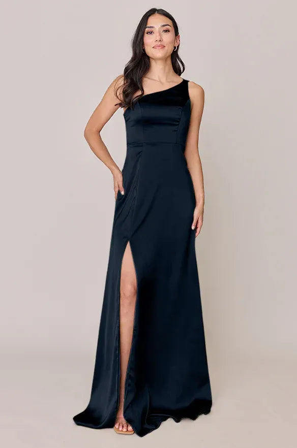 Navy One-Shoulder Satin High Slit Wedding Dress - Yihuiw by Yihuiw