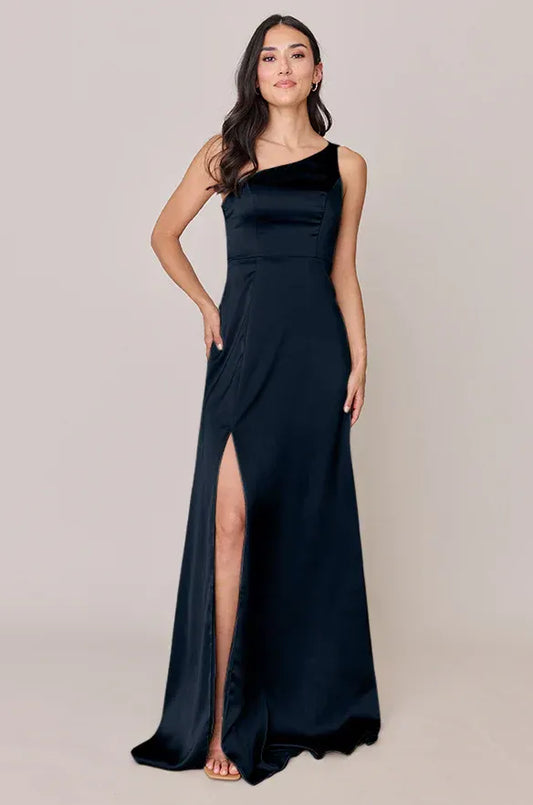 Navy One-Shoulder Satin High Slit Wedding Dress - Yihuiw by Yihuiw
