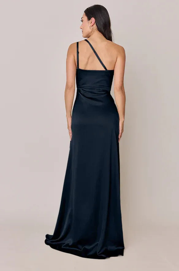 Navy One-Shoulder Satin High Slit Wedding Dress - Yihuiw by Yihuiw
