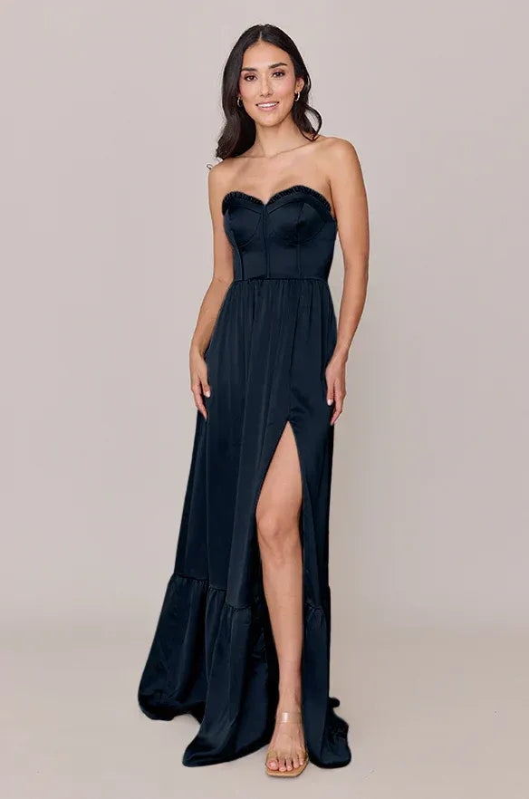 Navy Strapless Satin Lace-Up Back High Slit Wedding Dress - Yihuiw by Yihuiw