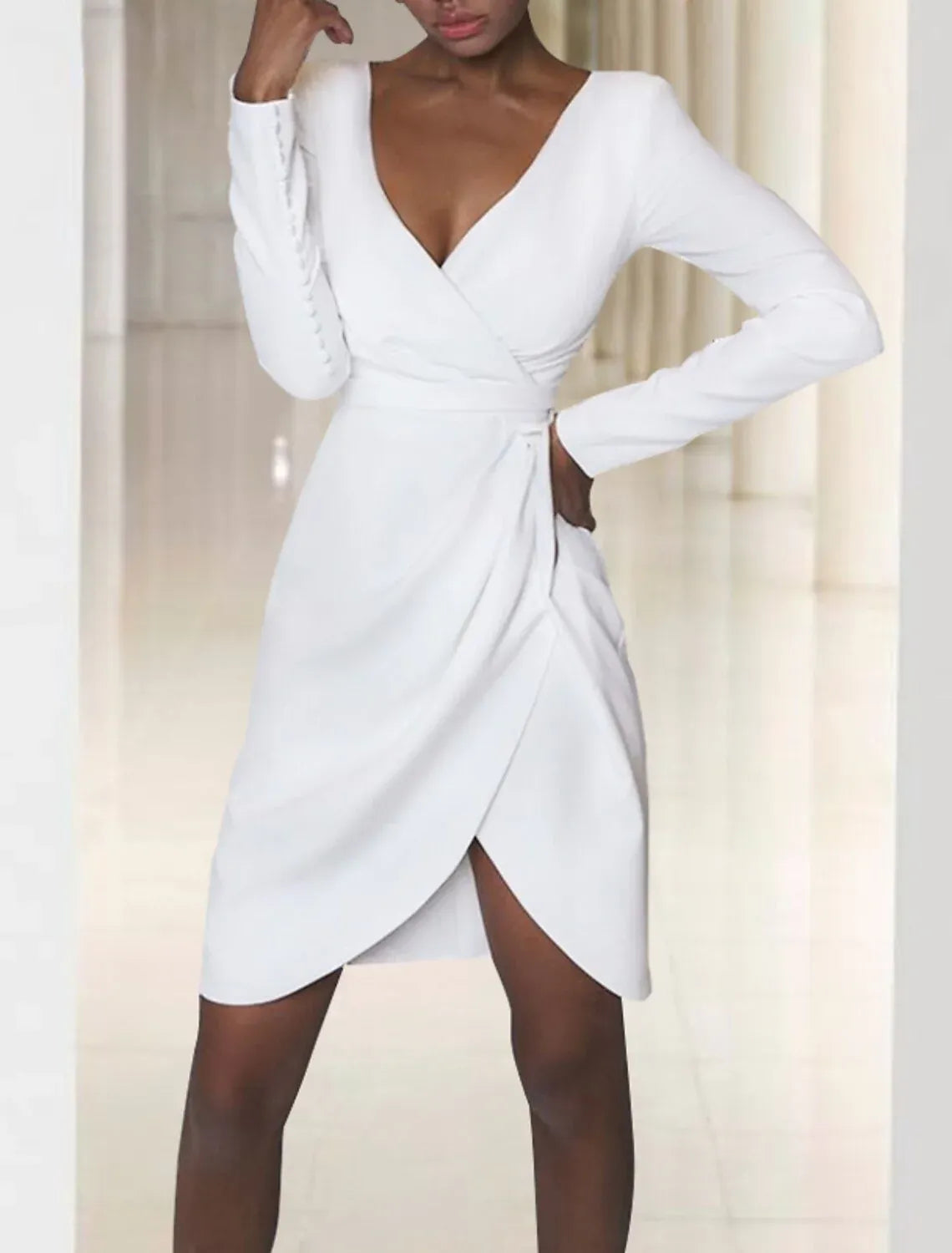Crepe Long Sleeve Wrap Mini Wedding Dress - Yihuiw by Yihuiw