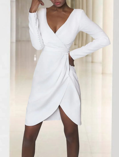Crepe Long Sleeve Wrap Mini Wedding Dress - Yihuiw by Yihuiw