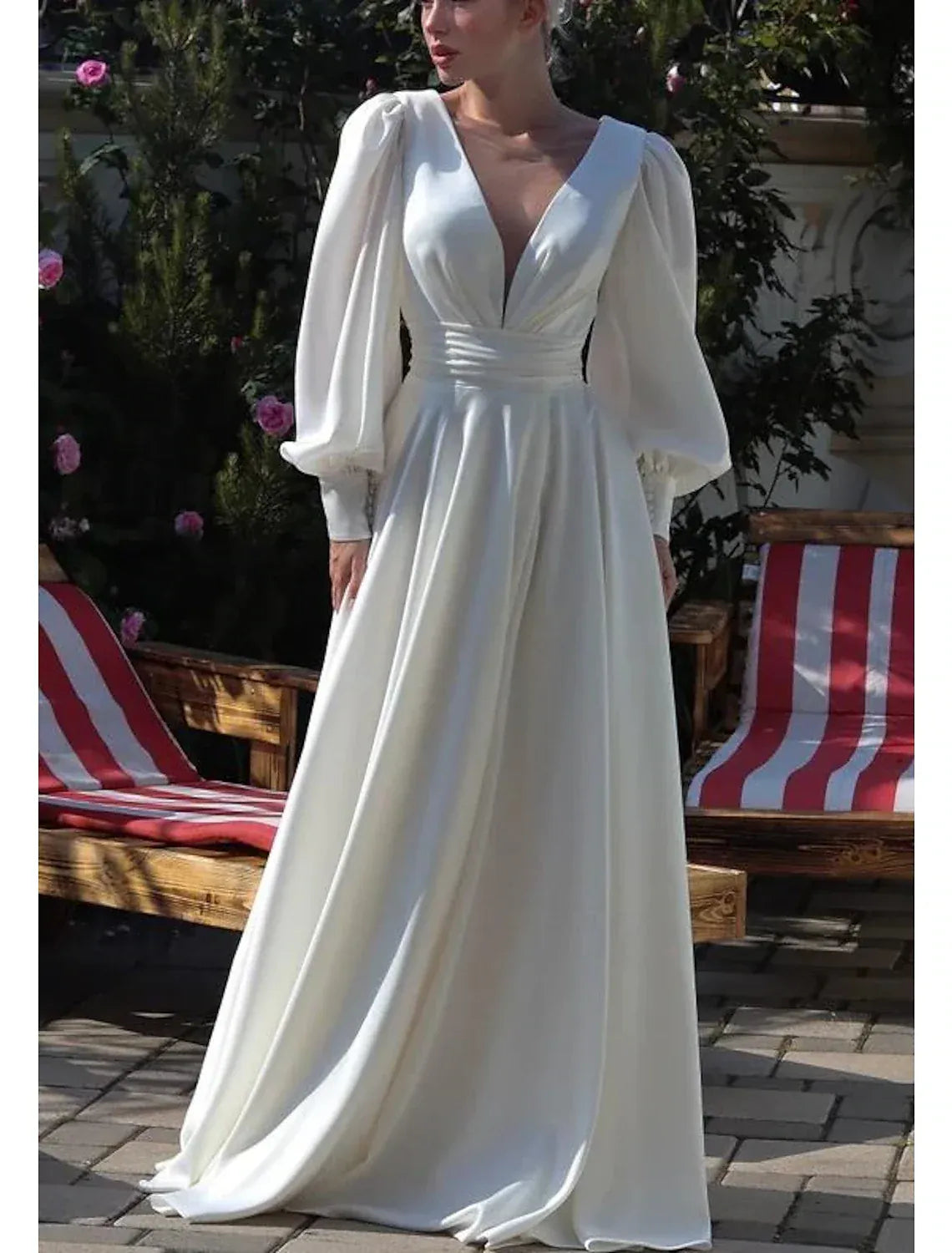 A-Line Puff Sleeve Train Mini Wedding Dress - Yihuiw by Yihuiw