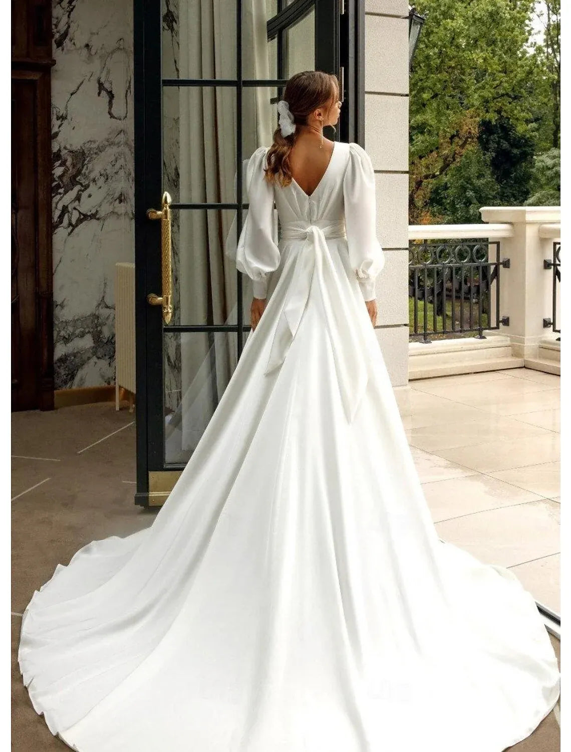 A-Line Puff Sleeve Train Mini Wedding Dress - Yihuiw by Yihuiw