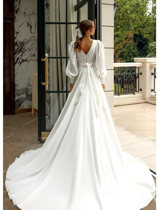 A-Line Puff Sleeve Train Mini Wedding Dress - Yihuiw by Yihuiw