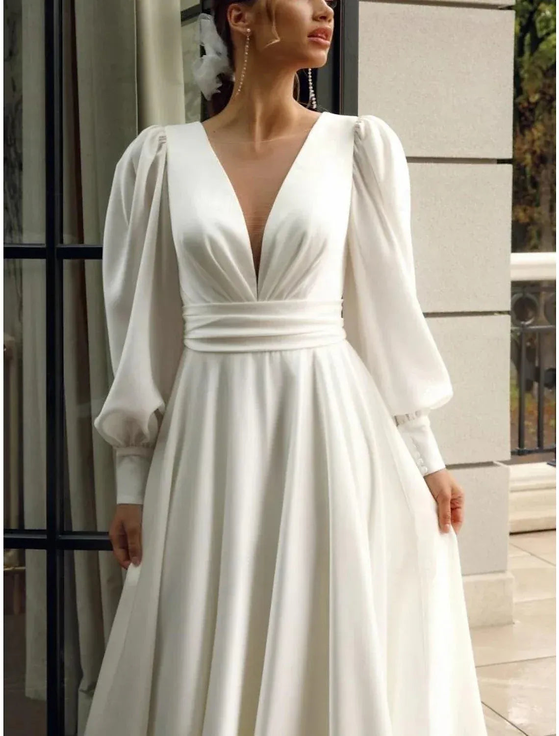 A-Line Puff Sleeve Train Mini Wedding Dress - Yihuiw by Yihuiw