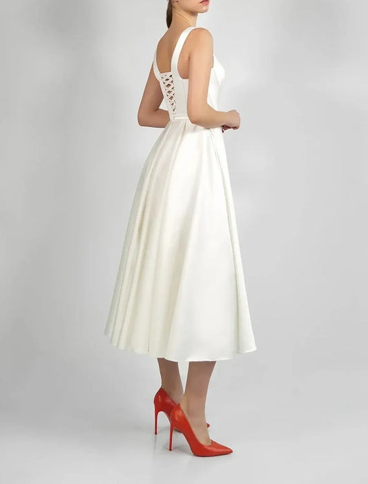 A-Line Spaghetti Strap Satin Lace-Up Back Mini Wedding Dress - Yihuiw by Yihuiw