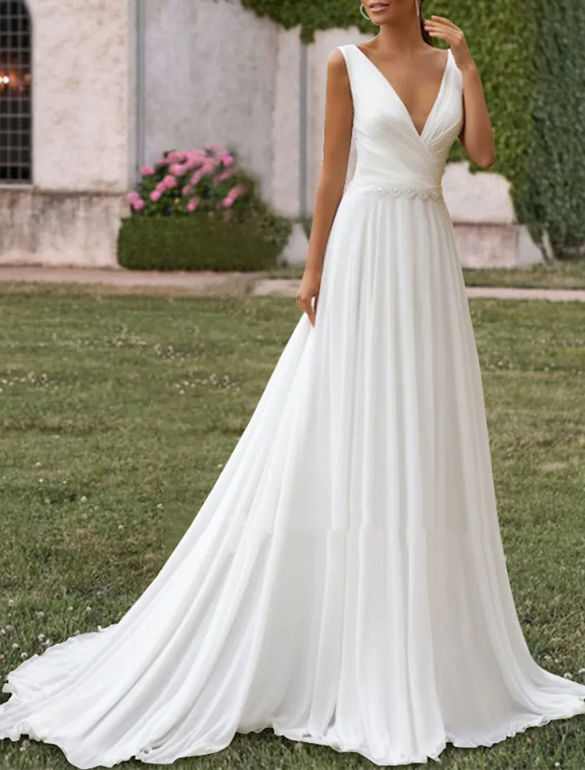 A-Line Chiffon Sleeveless Train Mini Wedding Dress - Yihuiw by Yihuiw