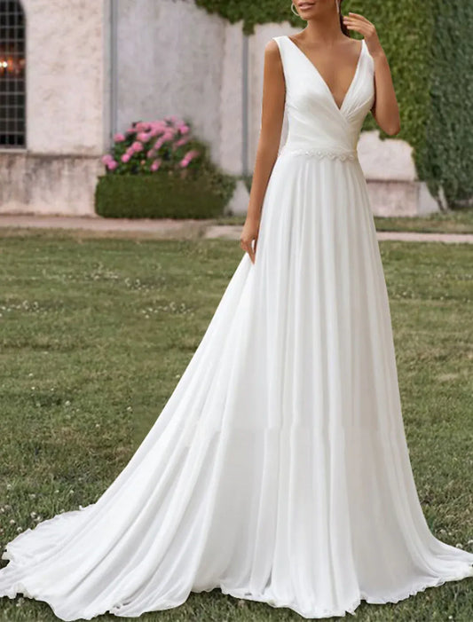 A-Line Chiffon Sleeveless Train Mini Wedding Dress - Yihuiw by Yihuiw
