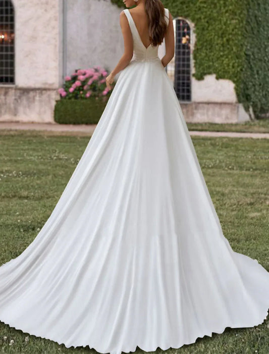 A-Line Chiffon Sleeveless Train Mini Wedding Dress - Yihuiw by Yihuiw