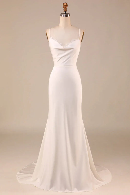 Mermaid Cowl Neck Satin Train Mini Wedding Dress - Yihuiw by Yihuiw