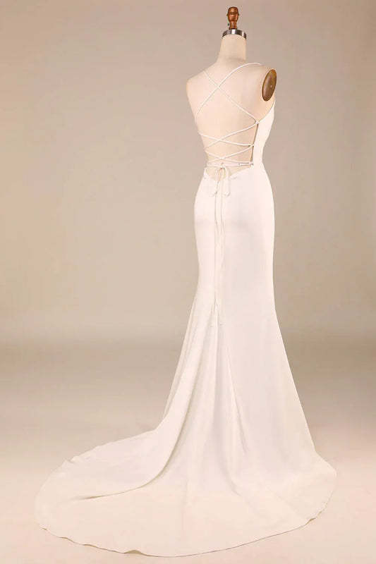Mermaid Cowl Neck Satin Train Mini Wedding Dress - Yihuiw by Yihuiw