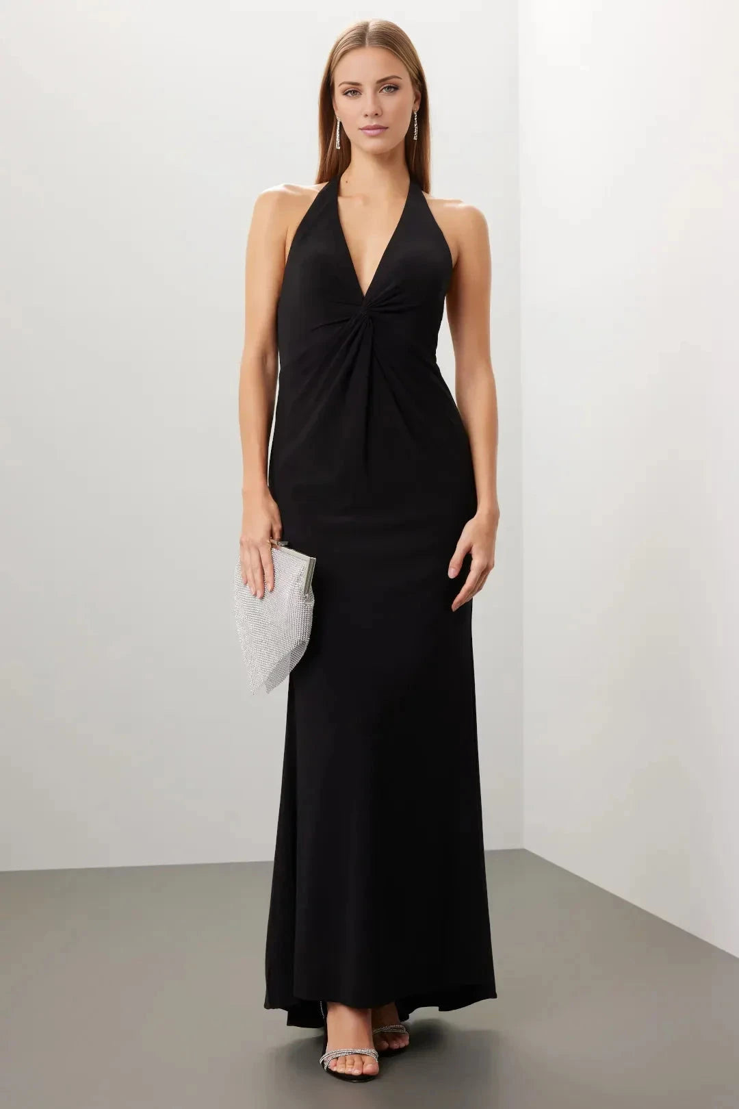 Minimalist-Lux A-Line Halter Neck Sleeveless Knot-Front Open-Back Floor-Length Evening Dress by YiHuiw