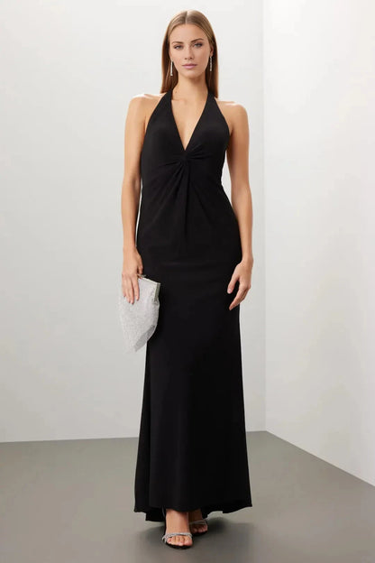 Minimalist-Lux A-Line Halter Neck Sleeveless Knot-Front Open-Back Floor-Length Evening Dress by YiHuiw