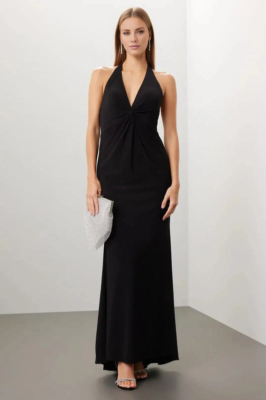 Minimalist-Lux A-Line Halter Neck Sleeveless Knot-Front Open-Back Floor-Length Evening Dress by YiHuiw