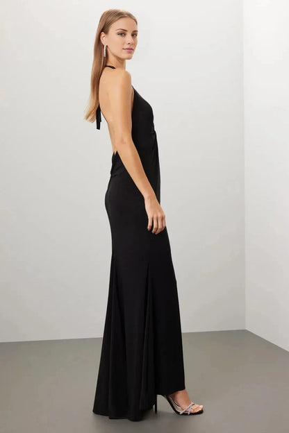 Minimalist-Lux A-Line Halter Neck Sleeveless Knot-Front Open-Back Floor-Length Evening Dress by YiHuiw