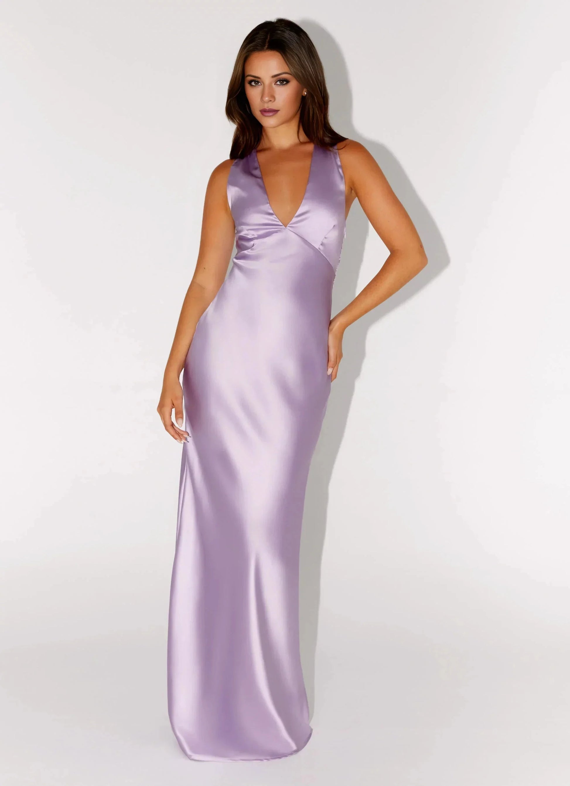Minimalist-Lux A-line V-Neck Sleeveless Cross-Back Satin Floor-Length Prom Dress by YiHuiw