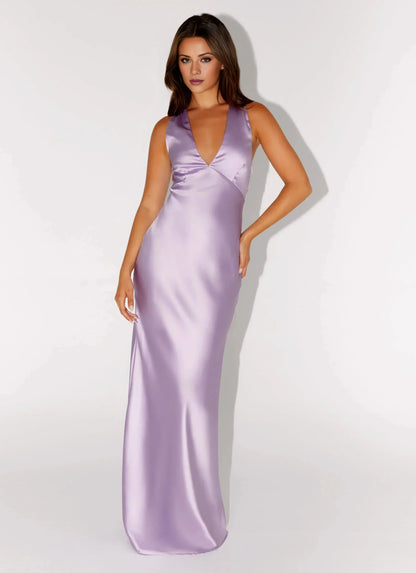 Minimalist-Lux A-line V-Neck Sleeveless Cross-Back Satin Floor-Length Prom Dress by YiHuiw