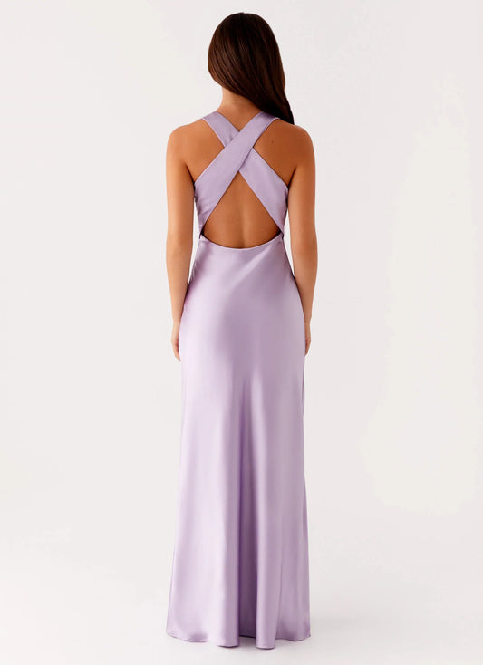 Minimalist-Lux A-line V-Neck Sleeveless Cross-Back Satin Floor-Length Prom Dress