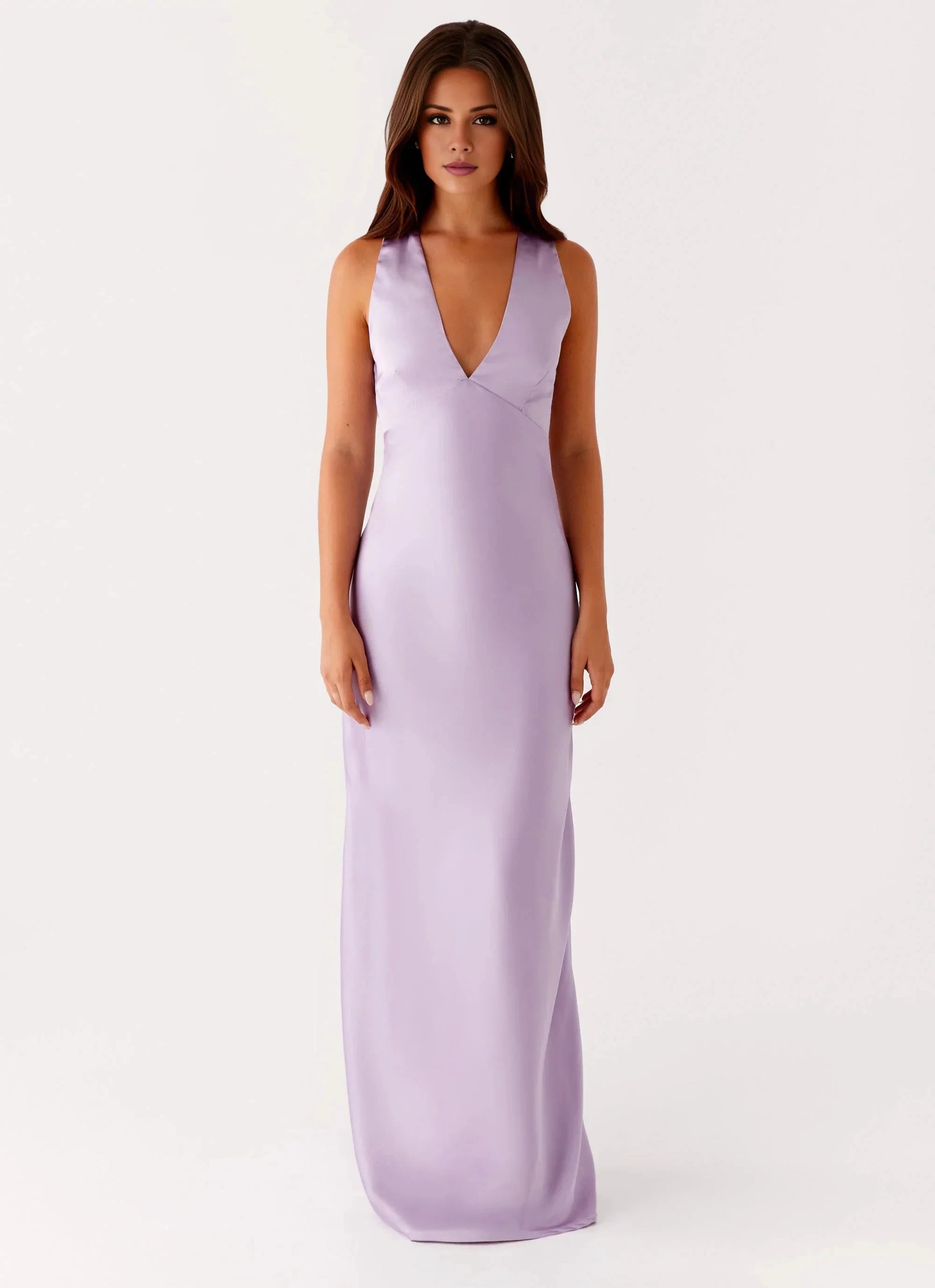 Minimalist-Lux A-line V-Neck Sleeveless Cross-Back Satin Floor-Length Prom Dress by YiHuiw