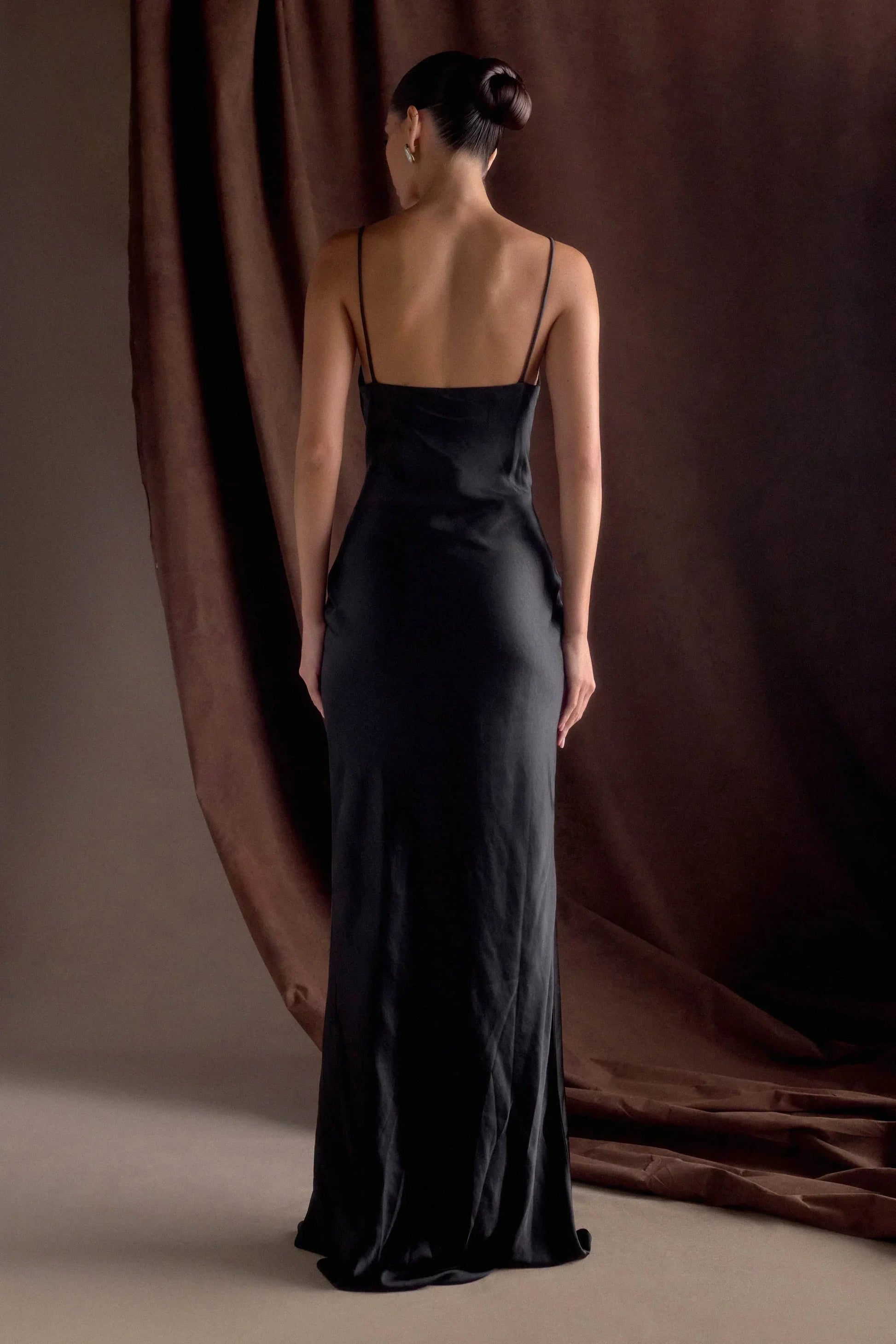 Minimalist-Lux Satin V Neck Spaghetti-Strap Plunging V-Back Floor-Length Evening Dress by YiHuiw