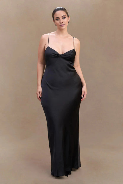 Minimalist-Lux Satin V Neck Spaghetti-Strap Plunging V-Back Floor-Length Evening Dress by YiHuiw
