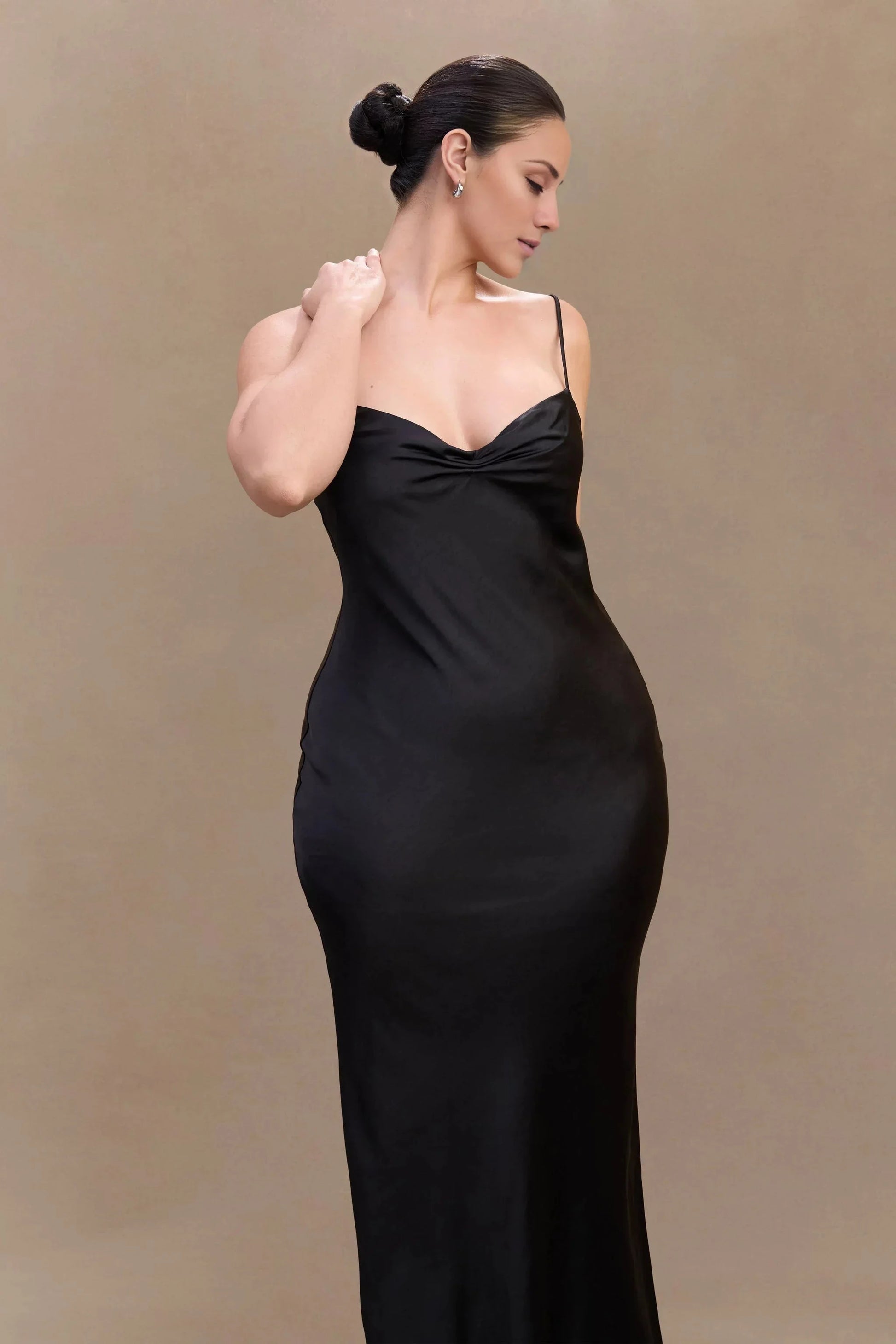 Minimalist-Lux Satin V Neck Spaghetti-Strap Plunging V-Back Floor-Length Evening Dress by YiHuiw