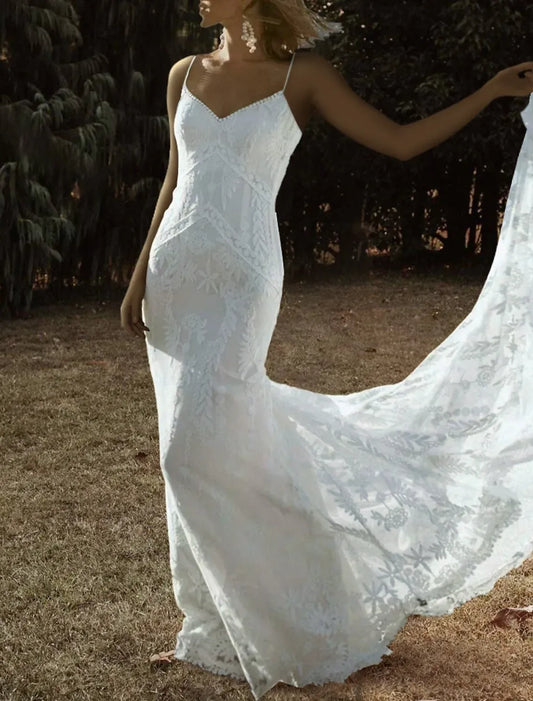 Mermaid Spaghetti Strap Lace Open Back Train Mini Wedding Dress - Yihuiw by Yihuiw