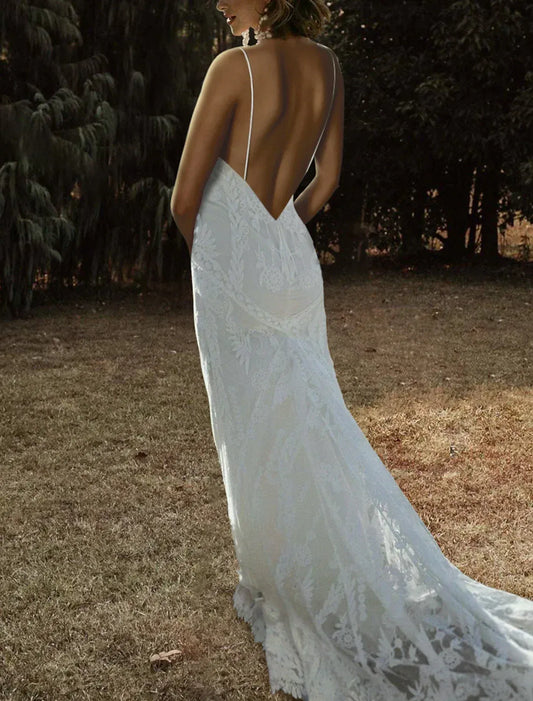 Mermaid Spaghetti Strap Lace Open Back Train Mini Wedding Dress - Yihuiw by Yihuiw