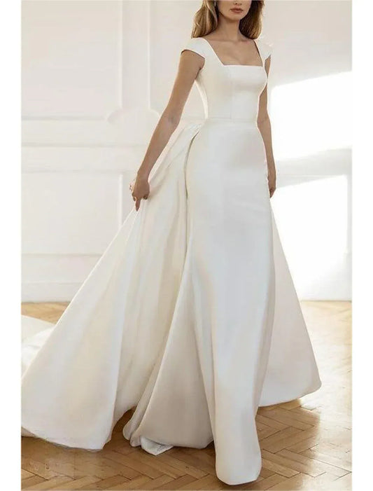 Mermaid Square Neck Cap Sleeve Train Mini Wedding Dress - Yihuiw by Yihuiw