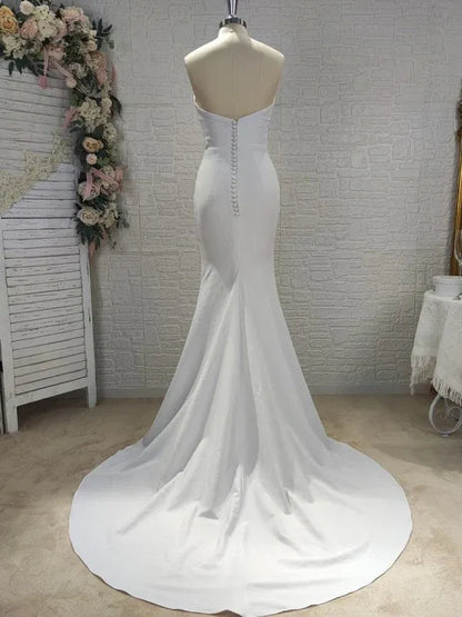 Mermaid Strapless Crepe Button Back Train Mini Wedding Dress - Yihuiw by Yihuiw