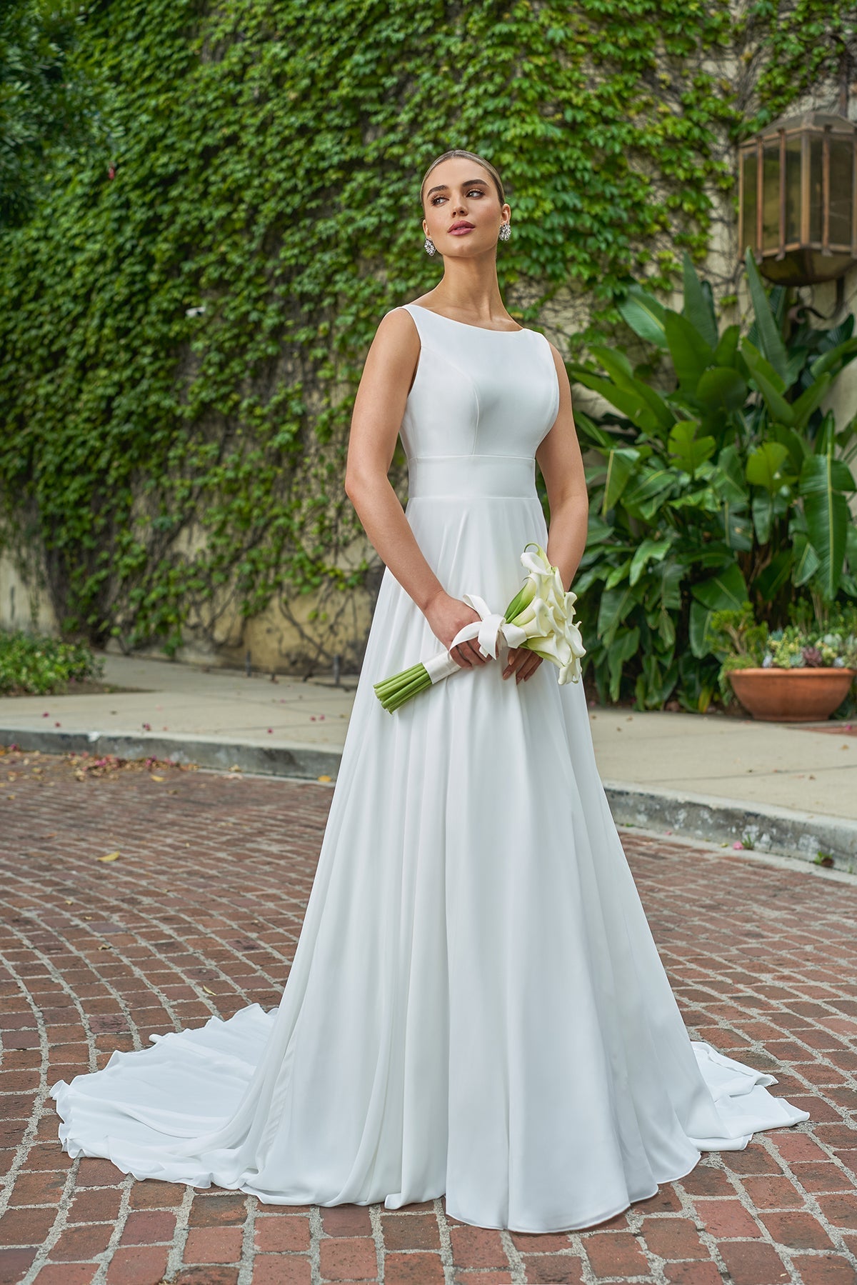 Minimalist Chiffon A-Line Bateau-Neck Sleeveless Low-Back Button-Detail Train Wedding Dress by YiHuiw