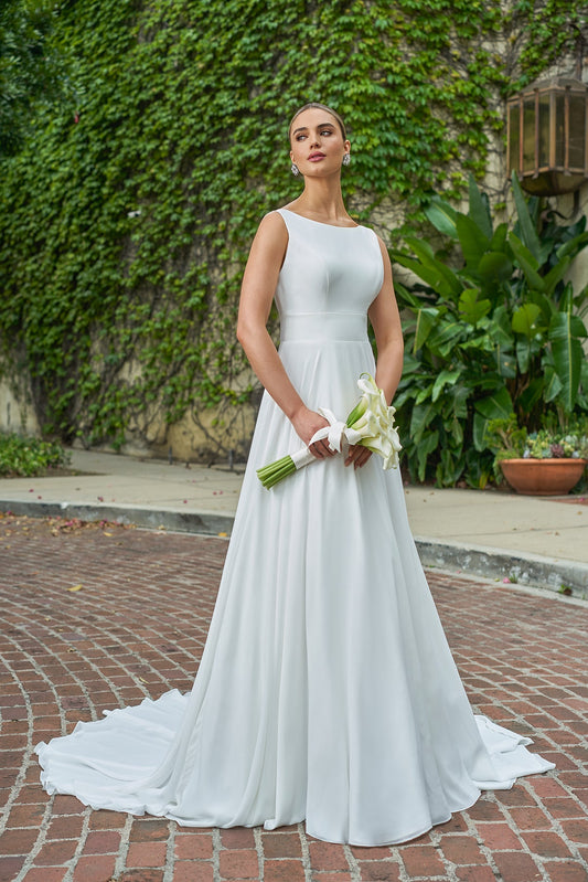 Minimalist Chiffon A-Line Bateau-Neck Sleeveless Low-Back Button-Detail Train Wedding Dress by YiHuiw